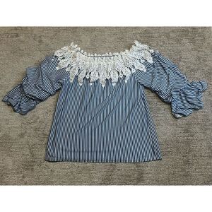 Haute Project Los Angeles Blue Striped Shoulder Lace Trim Top Sz XL